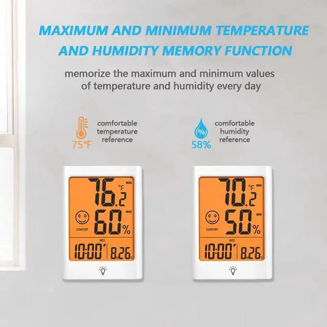 Alt view image 4 of 7 - Digital Indoor Thermometer for Room, Smart Temperature Humidity Monitor with Backlight, Comfort Indicator, Max/Min Record, Time, Calendar, Alarm, °c/°f Switch for Bedroom, School