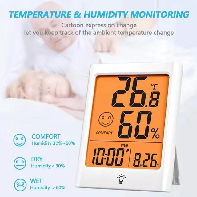 Alt view image 5 of 7 - Digital Indoor Thermometer for Room, Smart Temperature Humidity Monitor with Backlight, Comfort Indicator, Max/Min Record, Time, Calendar, Alarm, °c/°f Switch for Bedroom, School
