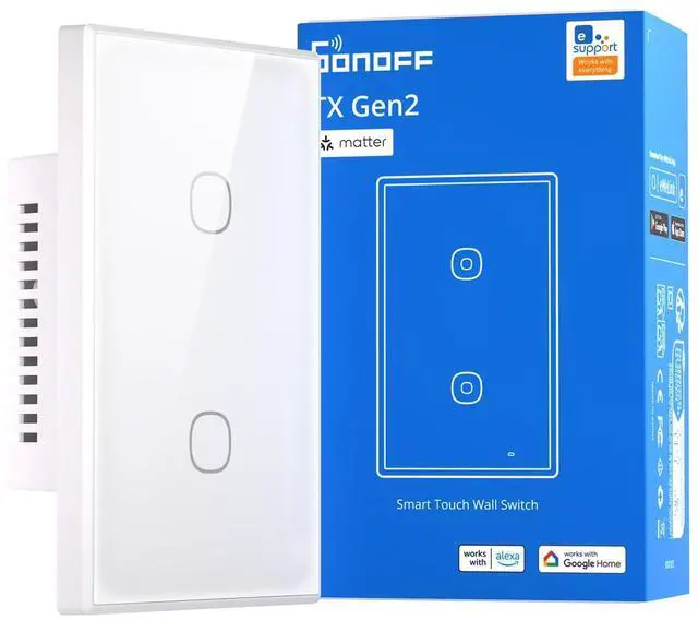 Main image of TX Gen2 Smart Wall Touch Switch, 2-Channel 120-Type Panel, Zero-Live Wire Power, 2.4GHz Wi-Fi & eWeLink App, Matter & Alexa Compatible - T6-2C-120M