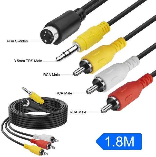 Alt view image 6 of 7 - S-Video 4 Pin to 3 RCA AV Composite Cable with 3.5mm TRS Plug, 3 RCA Male to 4 Pin Mini DIN S-Video + 3.5mm (1/8 inch) TRS Male Stereo Audio Video Cable PC to TV (1.8M)