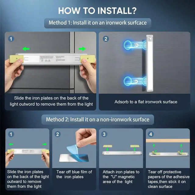 Alt view image 7 of 7 - 14.7inch Under Cabinet Lighting, 2 Pack Rechargeable Motion Sensor Light Indoor, 5 Levels Dimmable Magnetic Closet Lights, Wireless Under Counter Lights for Kitchen, Stairs,Hallway