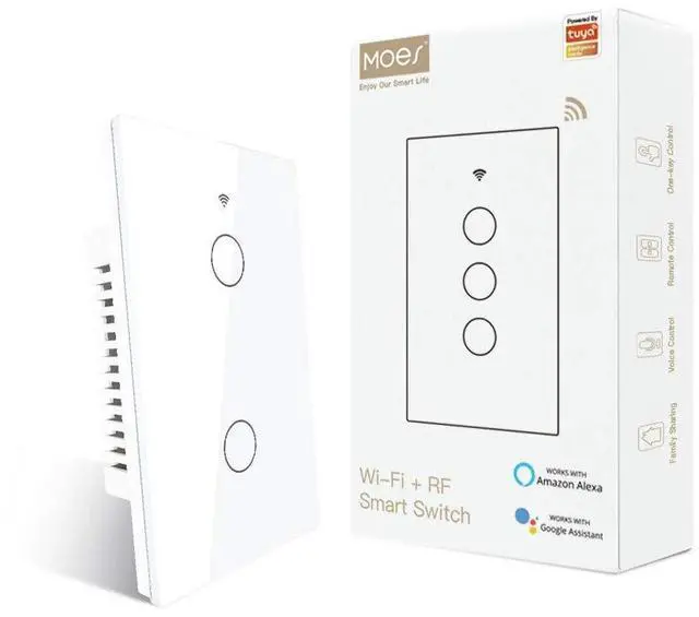 Main image of 2.4GHz WiFi Wall Touch Smart Switch Neutral Wire Required, 3 Way Multi-Control, Glass Panel Light Switch Work with Smart Life/Tuya App, RF433 Remote Control, Alexa and Google Home White 2 Gang