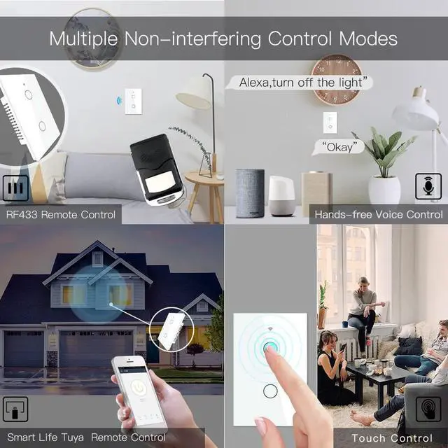 Alt view image 4 of 6 - 2.4GHz WiFi Wall Touch Smart Switch Neutral Wire Required, 3 Way Multi-Control, Glass Panel Light Switch Work with Smart Life/Tuya App, RF433 Remote Control, Alexa and Google Home White 2 Gang