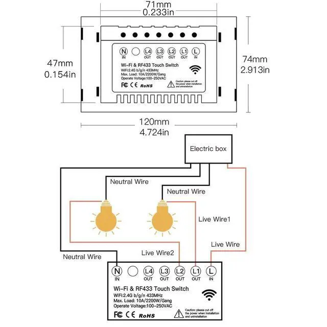 Alt view image 6 of 6 - 2.4GHz WiFi Wall Touch Smart Switch Neutral Wire Required, 3 Way Multi-Control, Glass Panel Light Switch Work with Smart Life/Tuya App, RF433 Remote Control, Alexa and Google Home White 2 Gang