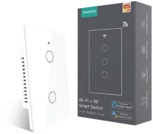 Main image of WiFi Smart Wall Light Switch,Glass Panel, Multi-Control(3 Way), 2.4GHz Wi-Fi Touch Switches, Neutral Wire Required, Remote Control Smart Life/Tuya App, Work with Alexa, Google Home White 2 Gang