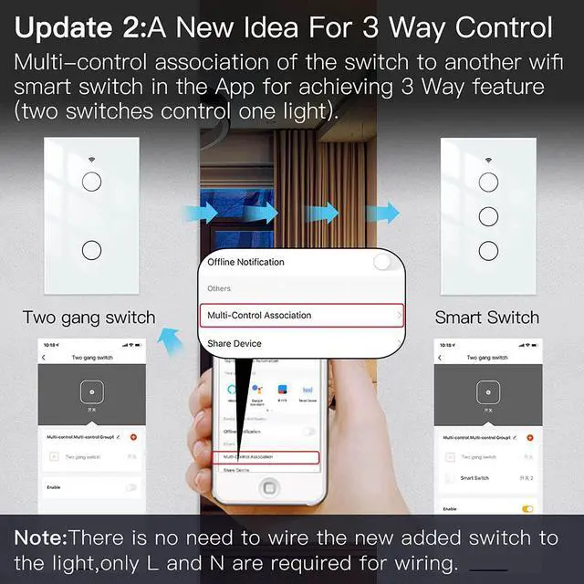 Alt view image 4 of 7 - WiFi Smart Wall Light Switch,Glass Panel, Multi-Control(3 Way), 2.4GHz Wi-Fi Touch Switches, Neutral Wire Required, Remote Control Smart Life/Tuya App, Work with Alexa, Google Home White 2 Gang