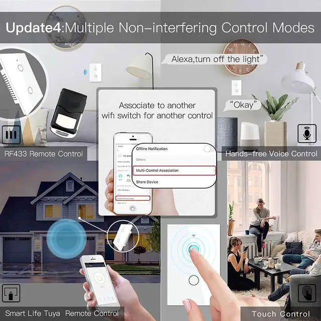 Alt view image 7 of 7 - WiFi Smart Wall Light Switch,Glass Panel, Multi-Control(3 Way), 2.4GHz Wi-Fi Touch Switches, Neutral Wire Required, Remote Control Smart Life/Tuya App, Work with Alexa, Google Home White 2 Gang