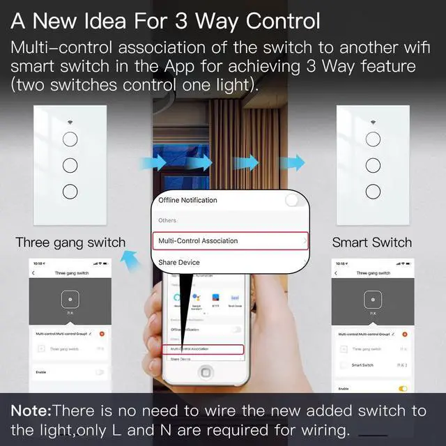 Alt view image 3 of 7 - 2.4GHz WiFi Wall Touch Smart Switch Neutral Wire Required, 3 Way Multi-Control, Glass Panel Light Switch Work with Smart Life/Tuya App, RF433 Remote Control, Alexa and Google Home White 3 Gang