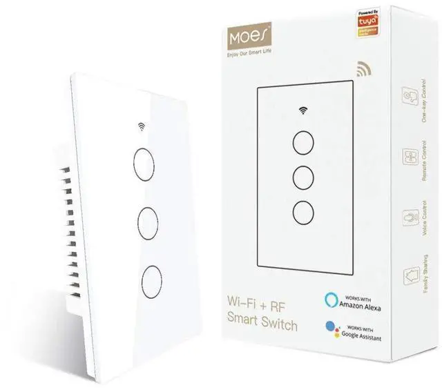 Main image of 2.4GHz WiFi Wall Touch Smart Switch Neutral Wire Required, 3 Way Multi-Control, Glass Panel Light Switch Work with Smart Life/Tuya App, RF433 Remote Control, Alexa and Google Home White 3 Gang