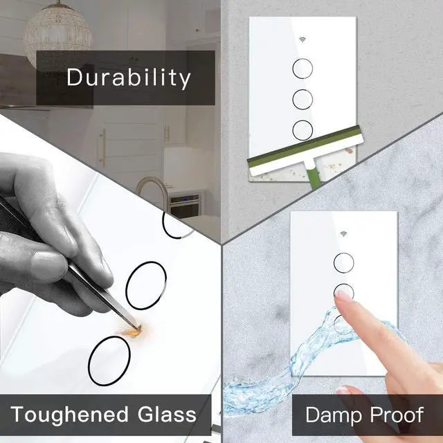 Alt view image 7 of 7 - 2.4GHz WiFi Wall Touch Smart Switch Neutral Wire Required, 3 Way Multi-Control, Glass Panel Light Switch Work with Smart Life/Tuya App, RF433 Remote Control, Alexa and Google Home White 3 Gang