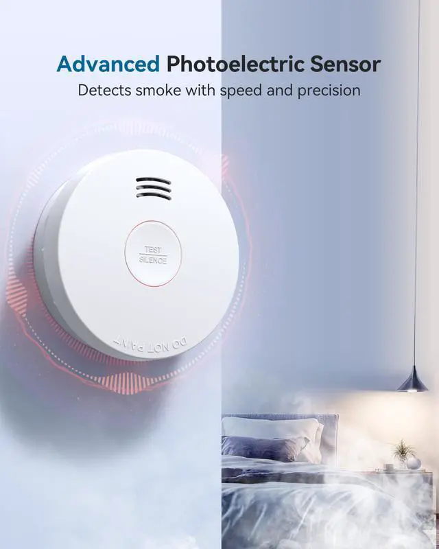 Alt view image 5 of 7 - Smoke Detector, Smoke Alarm 10 Year Battery with Photoelectric Sensor, Fire Alarm with Low Battery and Fault Warning for House and Bedroom, UL217 Listed, GS525A,1 Pack