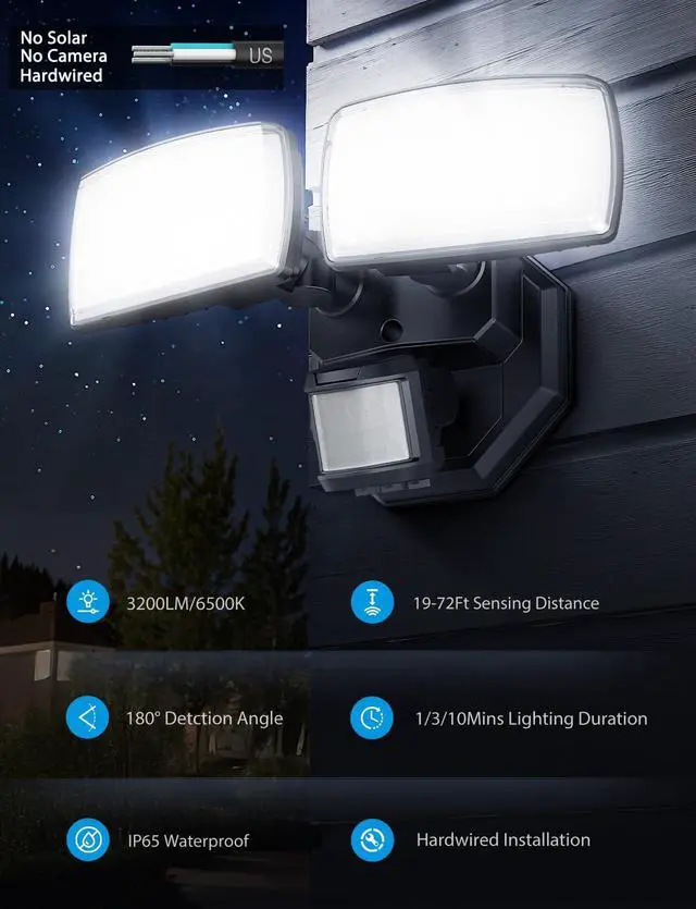 Alt view image 3 of 7 - 32W 2 Head Motion Sensor Outdoor Lights, 3200LM 6500K LED Security Light Hardwired, Dusk to Dawn, Motion Detector Light for Outside, IP65 Waterproof Flood Lights for Garage, Yard(Black)
