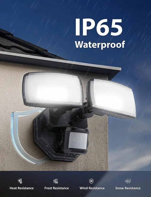 Alt view image 7 of 7 - 32W 2 Head Motion Sensor Outdoor Lights, 3200LM 6500K LED Security Light Hardwired, Dusk to Dawn, Motion Detector Light for Outside, IP65 Waterproof Flood Lights for Garage, Yard(Black)