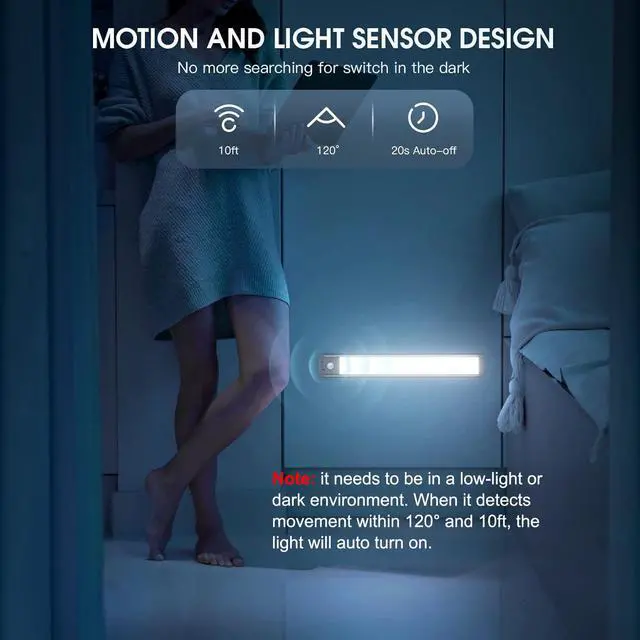 Alt view image 4 of 7 - 10inch Under Cabinet Lighting, 2 Pack Rechargeable Motion Sensor Light Indoor, 5 Levels Dimmable Magnetic Closet Lights, Wireless Under Counter Lights for Kitchen, Stairs