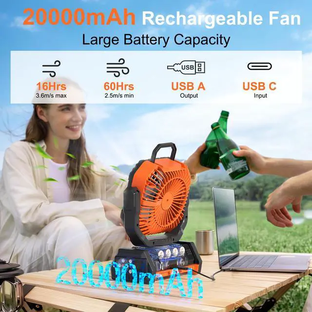 Alt view image 3 of 7 - Portable Rechargeable Fan 20000mAh, Camping Fan with LED Light & Remote, USB C Cordless Battery Powered, 4 Speeds Timer Hanging Hook for Travel Tent Outdoor Essentials - Orange