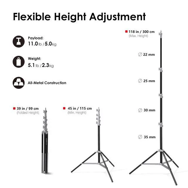 Alt view image 2 of 6 - 10ft Light Stand with Air Cushion, Adjustable Heavy Duty Aluminum Photography Light Support with 1/4" & 3/8" Mount, Studio Lighting Tripod for Softbox, Video & Photography, Silver (LT30-RS)