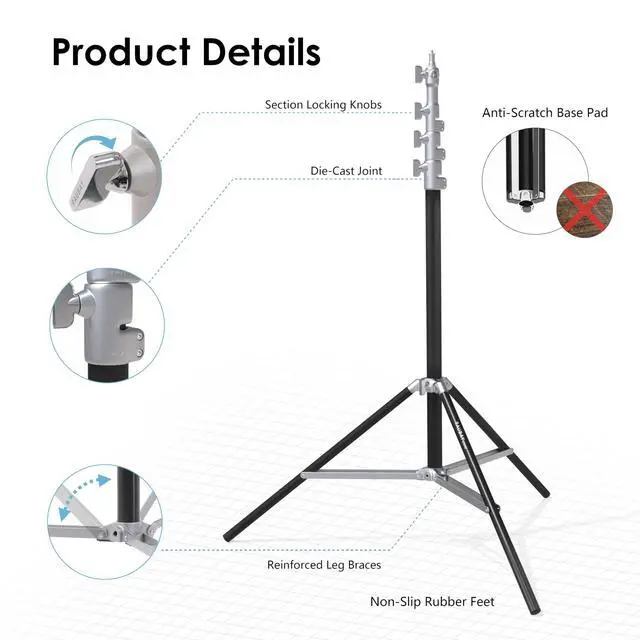 Alt view image 5 of 6 - 10ft Light Stand with Air Cushion, Adjustable Heavy Duty Aluminum Photography Light Support with 1/4" & 3/8" Mount, Studio Lighting Tripod for Softbox, Video & Photography, Silver (LT30-RS)