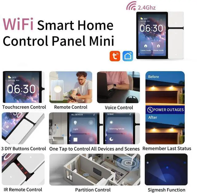 Alt view image 2 of 7 - DIY WiFi Smart Switch, 3-Switch Smart Home Control Panel Mini, 3.5 inch with LCD Touchscreen and Sigmesh, IR Remote Control, Tuya/Smart Life App, Partition Control, FCC Certificated, ETL Listed