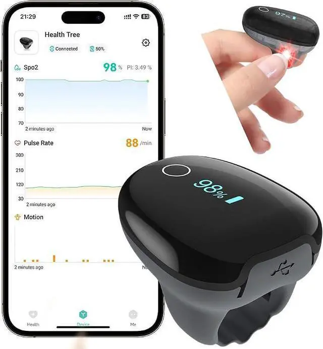 Main image of HealthTree JKS50G Sleep O2Ring Recording Pulse Oximeter Continuous Blood Oxygen Saturation & Pulse Rate Overnight, Bluetooth Wearable Sleep Tracking Ring, Export Sleep Report & Raw Data