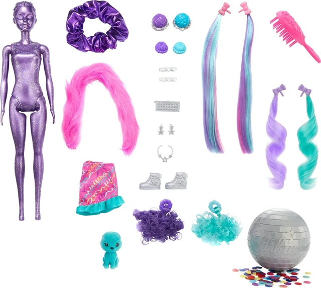 Alt view image 6 of 6 - Barbie Color Reveal Doll, Glittery Purple with 25 Hairstyling & Party-Themed Surprises Including 10 Plug-in Hair Pieces