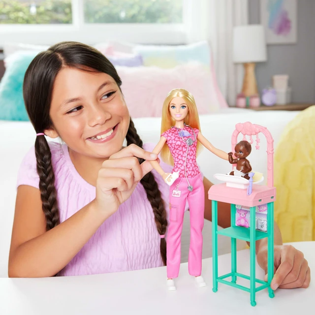 Alt view image 2 of 6 - Barbie Baby Doctor Playset with Blonde Fashion Doll Wearing Pink Scrubs, Baby Doll, Furniture & Accessories