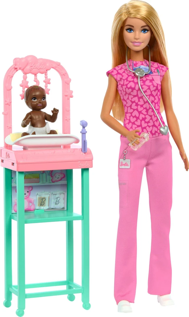 Main image of Barbie Baby Doctor Playset with Blonde Fashion Doll Wearing Pink Scrubs, Baby Doll, Furniture & Accessories