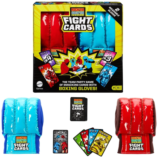 Main image of Mattel Games Rock Em Sock Em Robots Fight Cards Card Game, Team Party Game for Kids & Adults with 2 Boxing Gloves