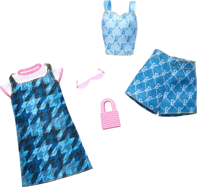 Main image of Barbie Fashions Clothing Set, 2 Denim Outfits for Fashion Doll Include Dress, Top & Shorts & 2 Accessories