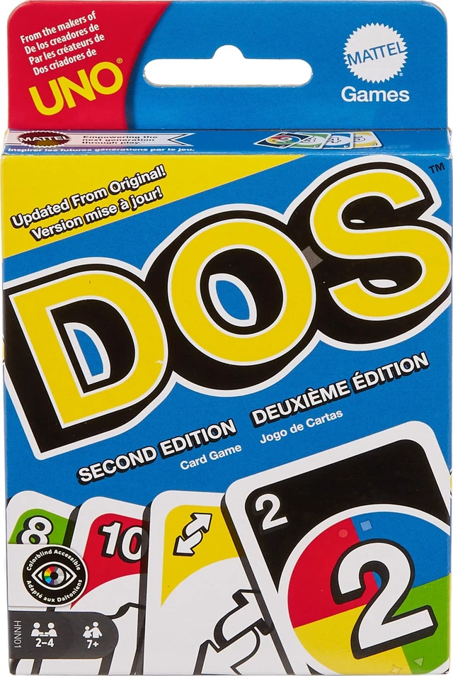Main image of Mattel Games DOS Second Edition Card Game for Kids & Families, Color Blind Accessible Deck for Groups & Parties