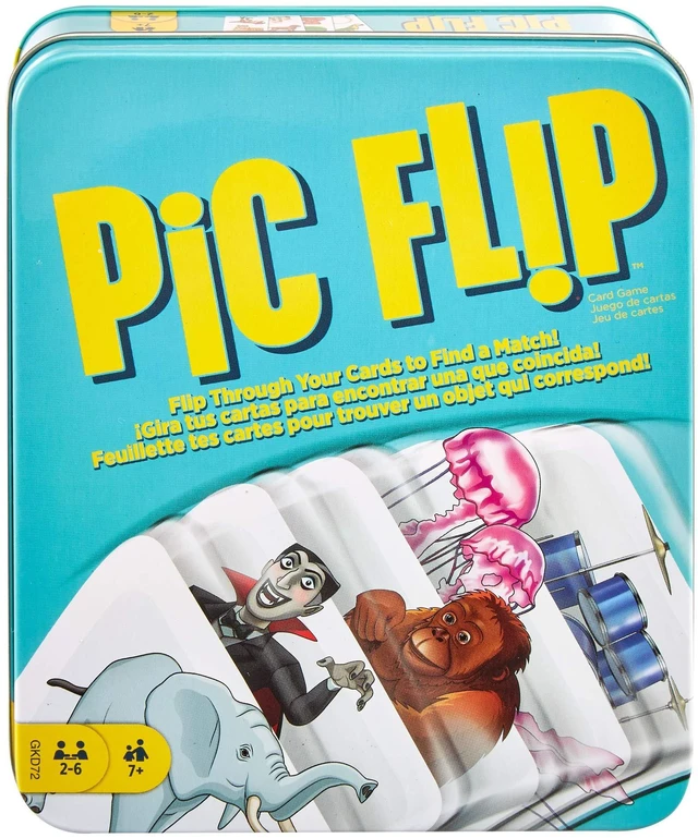 Main image of Mattel Games PIC FLIP Card Matching Game with 110 Cards in a Decorative Tin, Makes a Great Game for 7 Year Olds and Up