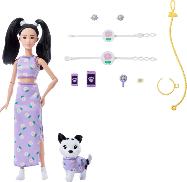 Main image of Barbie Twinning Looks Doll with Pet Dog in Matching Purple Daisy Clothes and Accessories for Both Like Flowers and Belt Bags, Black Hair