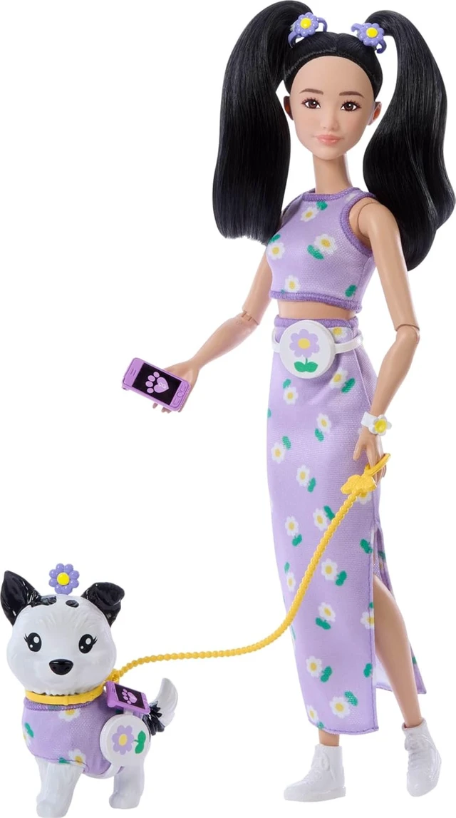 Alt view image 5 of 6 - Barbie Twinning Looks Doll with Pet Dog in Matching Purple Daisy Clothes and Accessories for Both Like Flowers and Belt Bags, Black Hair