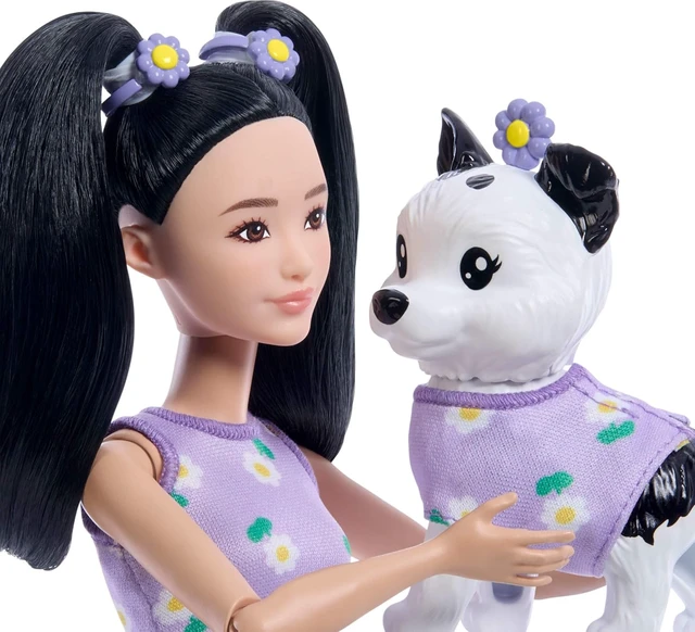 Alt view image 4 of 6 - Barbie Twinning Looks Doll with Pet Dog in Matching Purple Daisy Clothes and Accessories for Both Like Flowers and Belt Bags, Black Hair