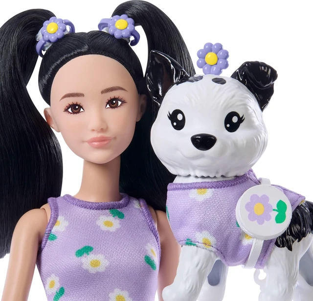 Alt view image 3 of 6 - Barbie Twinning Looks Doll with Pet Dog in Matching Purple Daisy Clothes and Accessories for Both Like Flowers and Belt Bags, Black Hair
