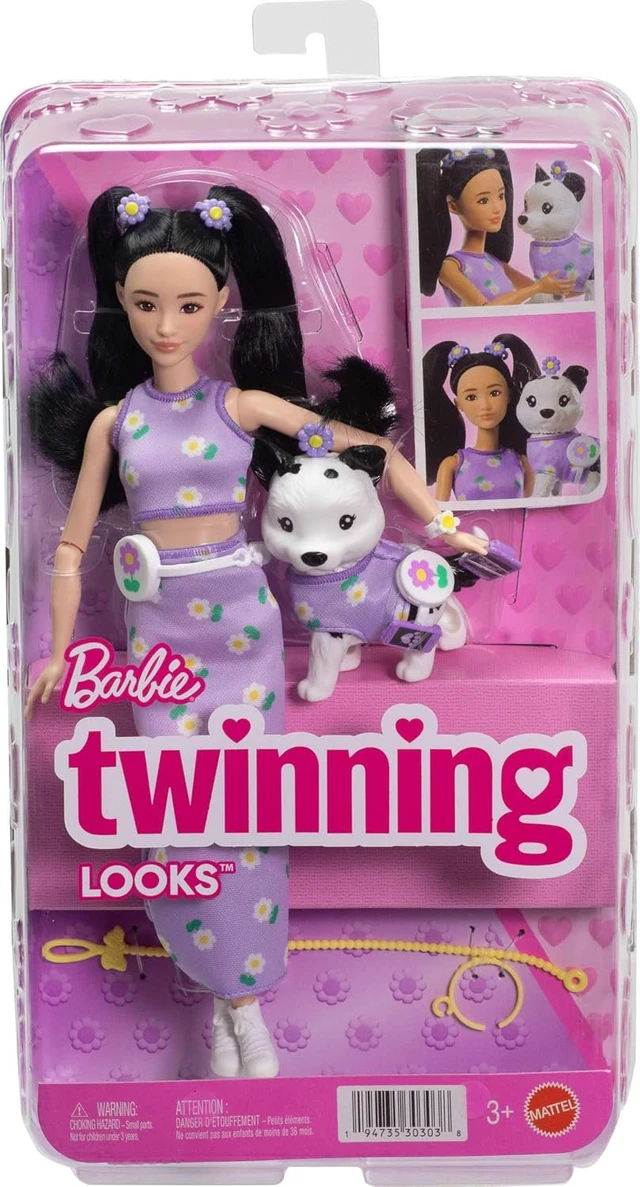 Alt view image 6 of 6 - Barbie Twinning Looks Doll with Pet Dog in Matching Purple Daisy Clothes and Accessories for Both Like Flowers and Belt Bags, Black Hair