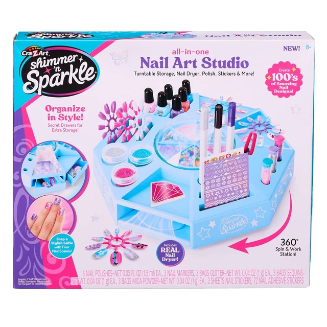 Main image of CRA-Z-ART Shimmer N Sparkle All In One Nail Art Studio With 360 turntable real working nail dryer and storage compartments Includes Nail polish, nail stickers