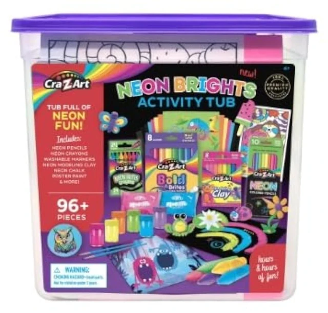 Main image of Neon Brights Activity Tub, Art and Crafts, Art Supplies, Multi-Color Drawing Set with Over 96 Pieces for Ages 4 and up.-Great Bulk Stocking Stuffers, Holiday & Christmas, School and More!