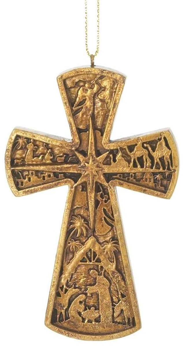 Main image of Dicksons Nativity Flare Cross Dappled Gold 2 x 3.75 Resin Stone Christmas Ornament