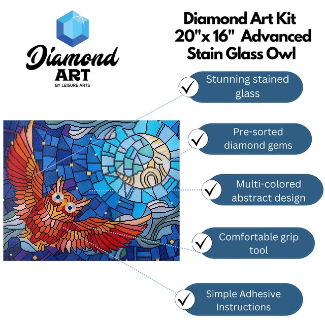 Alt view image 2 of 7 - DIAMOND ART BY LEISURE ARTS Diamond Painting Kits for Adults 16"X20" Advanced Stain Glass Owl, Full Drill, Art Kits, Dimond Art, for Adults, Kit