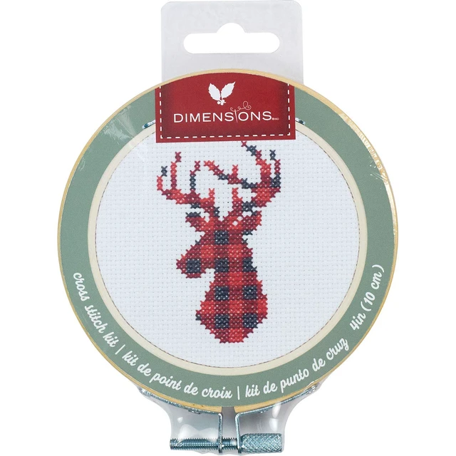 Alt view image 2 of 4 - Dimensions Kit, Plaid Reindeer Christmas Cross Stitch, White 14 Count Aida, 4'' Embroidery Hoop