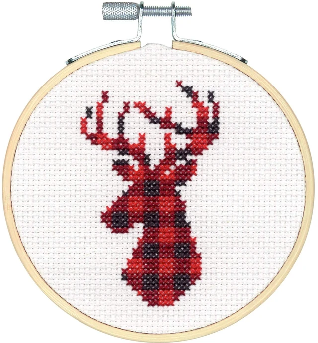 Main image of Dimensions Kit, Plaid Reindeer Christmas Cross Stitch, White 14 Count Aida, 4'' Embroidery Hoop