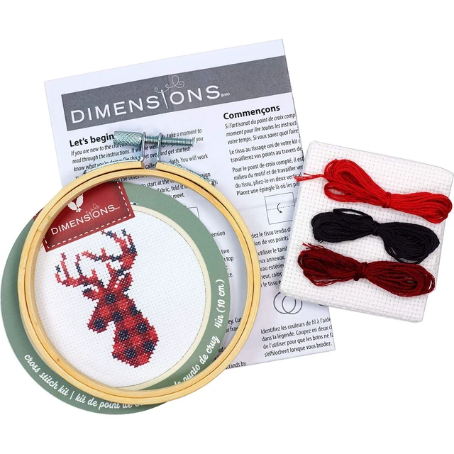 Alt view image 4 of 4 - Dimensions Kit, Plaid Reindeer Christmas Cross Stitch, White 14 Count Aida, 4'' Embroidery Hoop