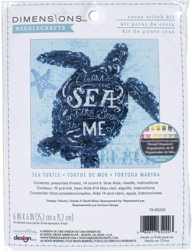 Main image of Dimensions 70-65220 Sea Turtle Animal Counted Cross Stitch Kit for Beginners, 14 Cnt. Light Blue Aida, 6" x 6"