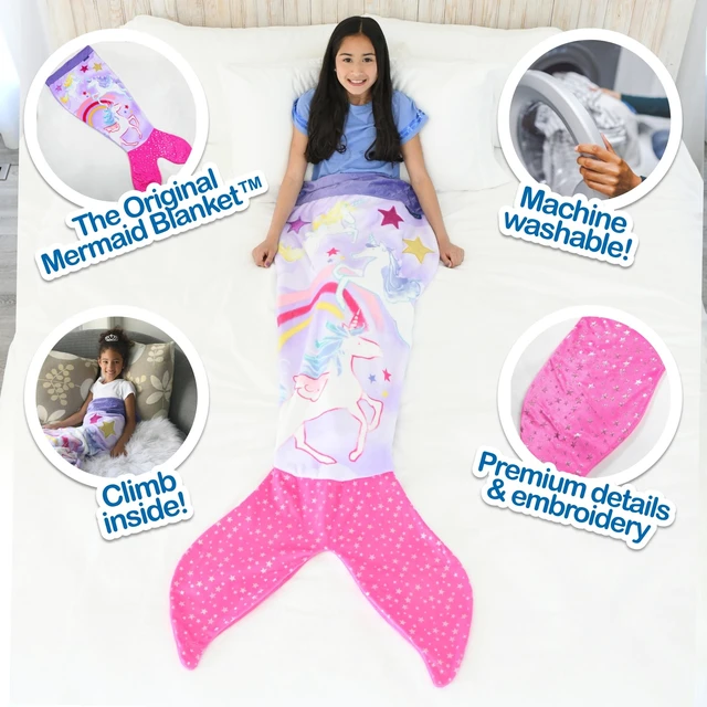 Alt view image 4 of 7 - Blankie Tails - Unicorn Mermaid Blanket - Double Sided Fleece Mermaid Tail Blanket - Throw Mermaid Tails for Girls Machine Washable, Perfect for Gifts, Sleepovers, & Daily Use for Kids, Adults & Teens