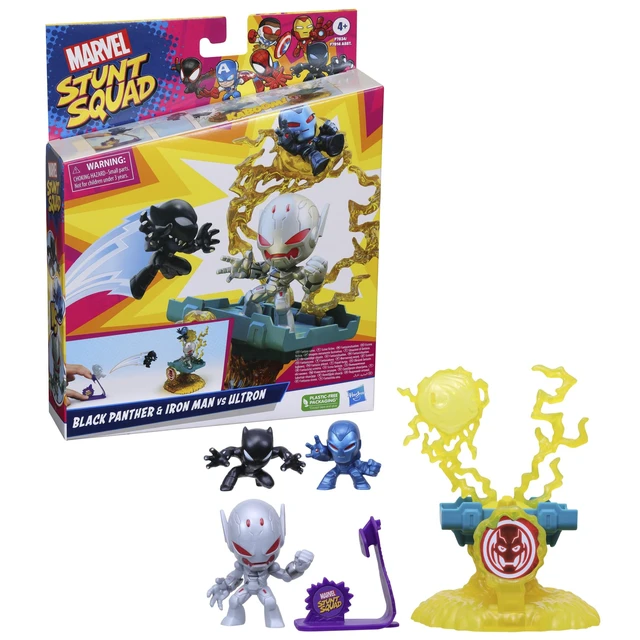 Alt view image 2 of 4 - Marvel Stunt Squad Villain Knockdown Playset, Black Panther and Iron Man vs. Ultron, 1.5-Inch Action Figures, Toys for Kids Ages 4 and Up, Large