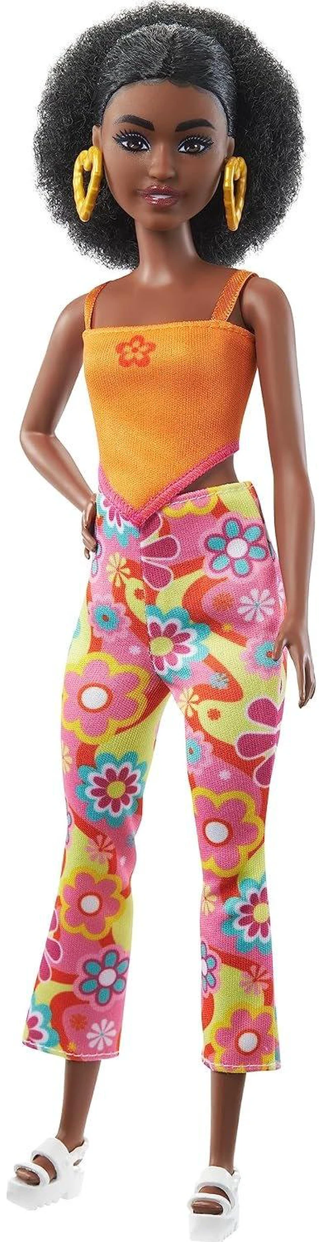 Main image of Barbie Fashionistas Doll #198, Petite with Curly Black Hair, Retro Floral Clothes & Accessories Including Sandals & Heart-Shaped Earrings