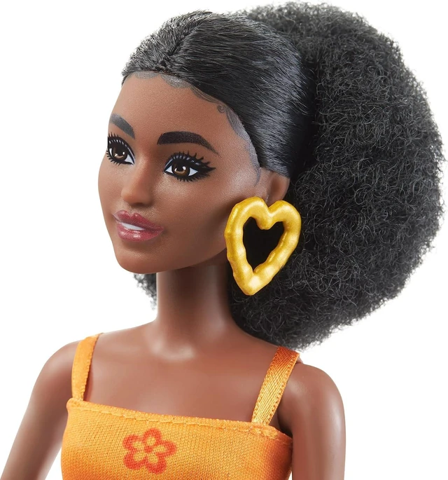 Alt view image 3 of 6 - Barbie Fashionistas Doll #198, Petite with Curly Black Hair, Retro Floral Clothes & Accessories Including Sandals & Heart-Shaped Earrings