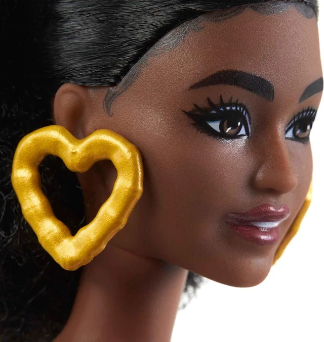 Alt view image 5 of 6 - Barbie Fashionistas Doll #198, Petite with Curly Black Hair, Retro Floral Clothes & Accessories Including Sandals & Heart-Shaped Earrings