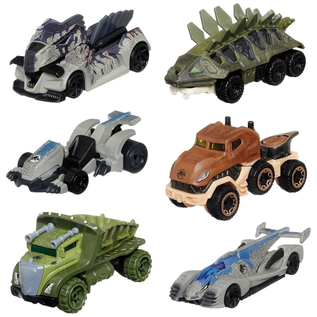Alt view image 2 of 7 - Hot Wheels Jurassic World Set Character Cars 4 Pack, Velociraptor Beta, Velociraptor (Blue), Tyrannosaurus Rex, Giganotosaurus