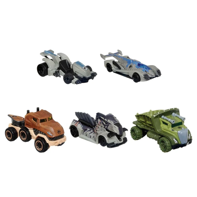 Alt view image 4 of 7 - Hot Wheels Jurassic World Set Character Cars 4 Pack, Velociraptor Beta, Velociraptor (Blue), Tyrannosaurus Rex, Giganotosaurus